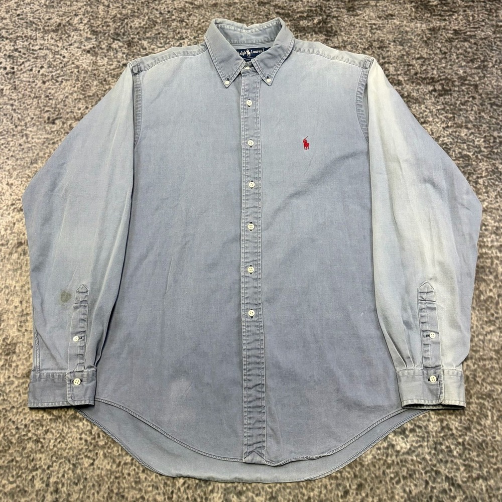 VTG Polo Ralph Lauren Button Down Shirt Chambray Denim Long Sleeve XL Blue Faded